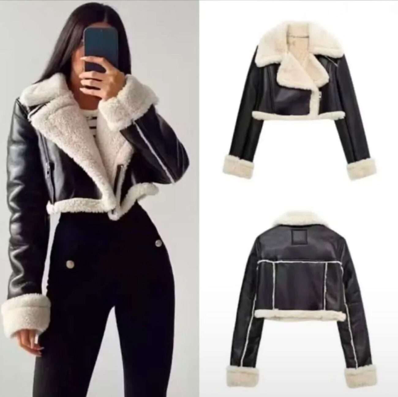 Cropped Faux Leather Shearling Jacket - Image 4