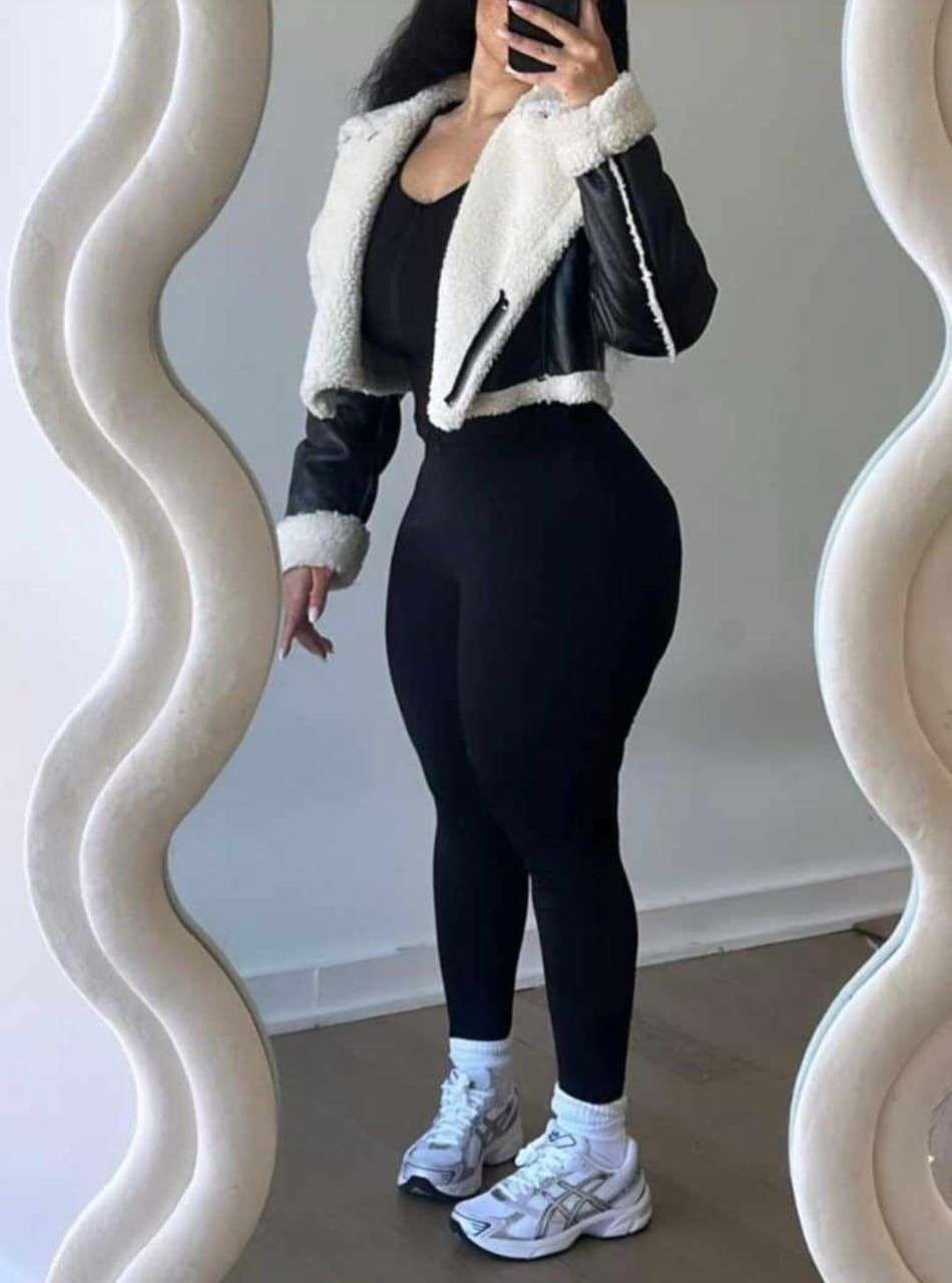 Cropped Faux Leather Shearling Jacket - Image 9
